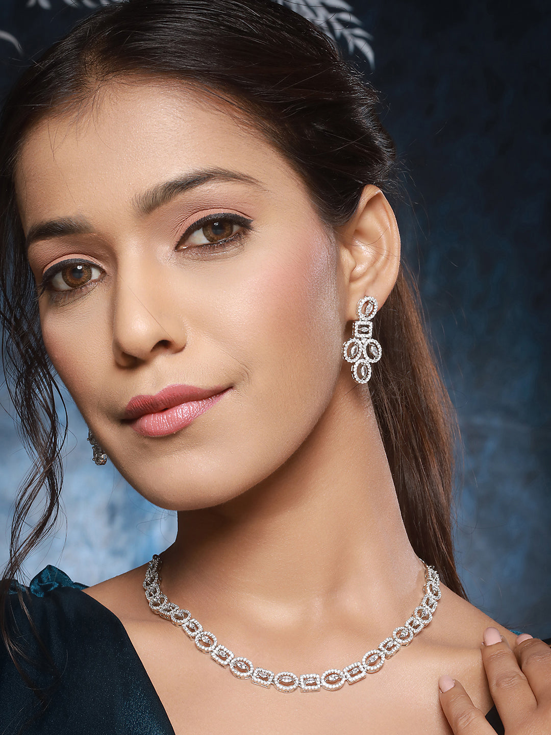 Rhodium Cubic Zircon Studded Contemporary Minimal Necklace Jewellery  Set